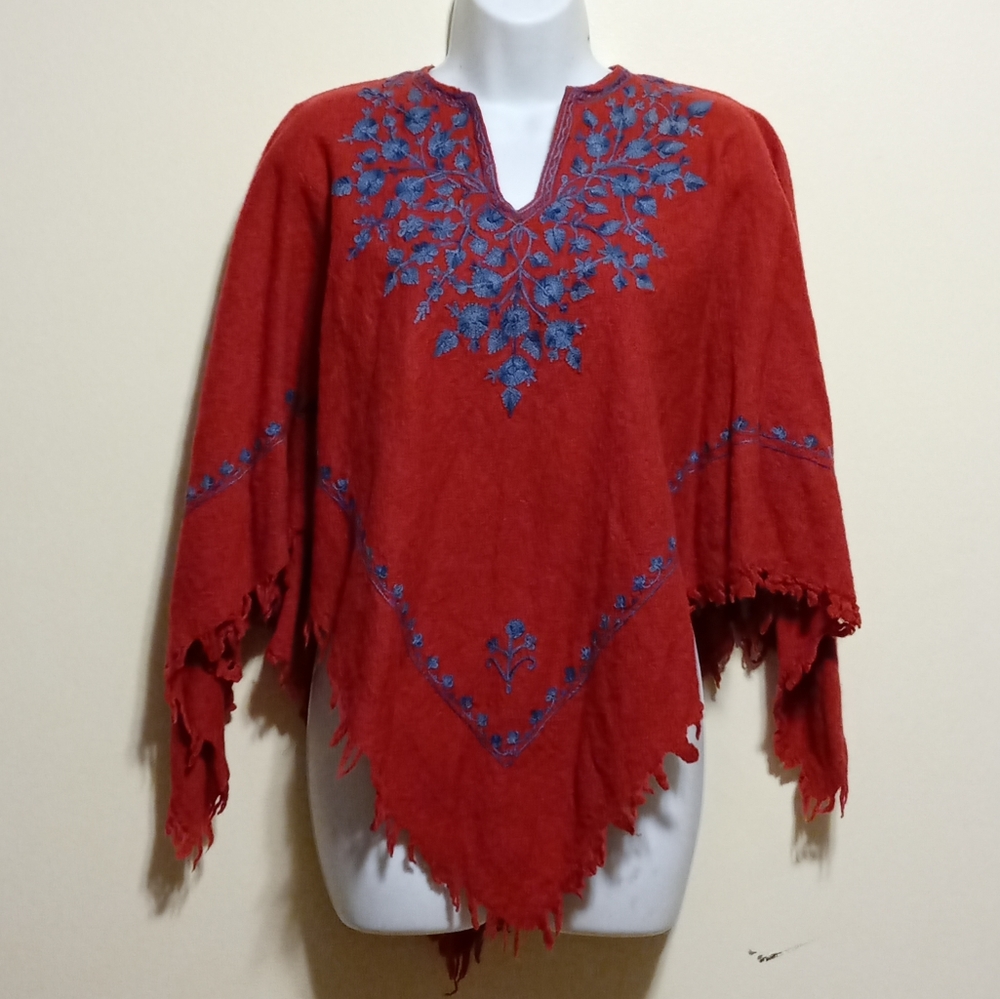 Embroidered Red and Blue Women's Poncho